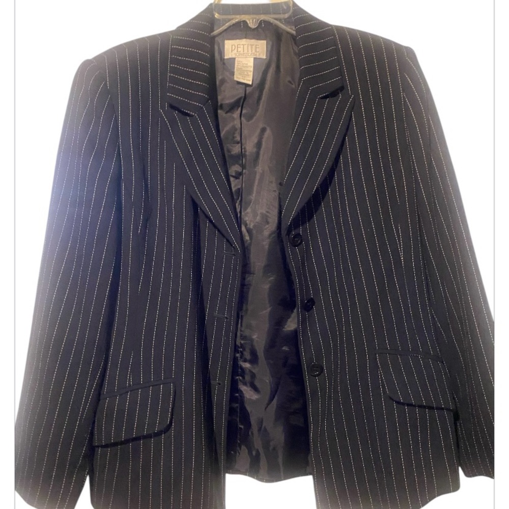 Petite Sophisticate Black and White Blazer with Pinstripe Pattern